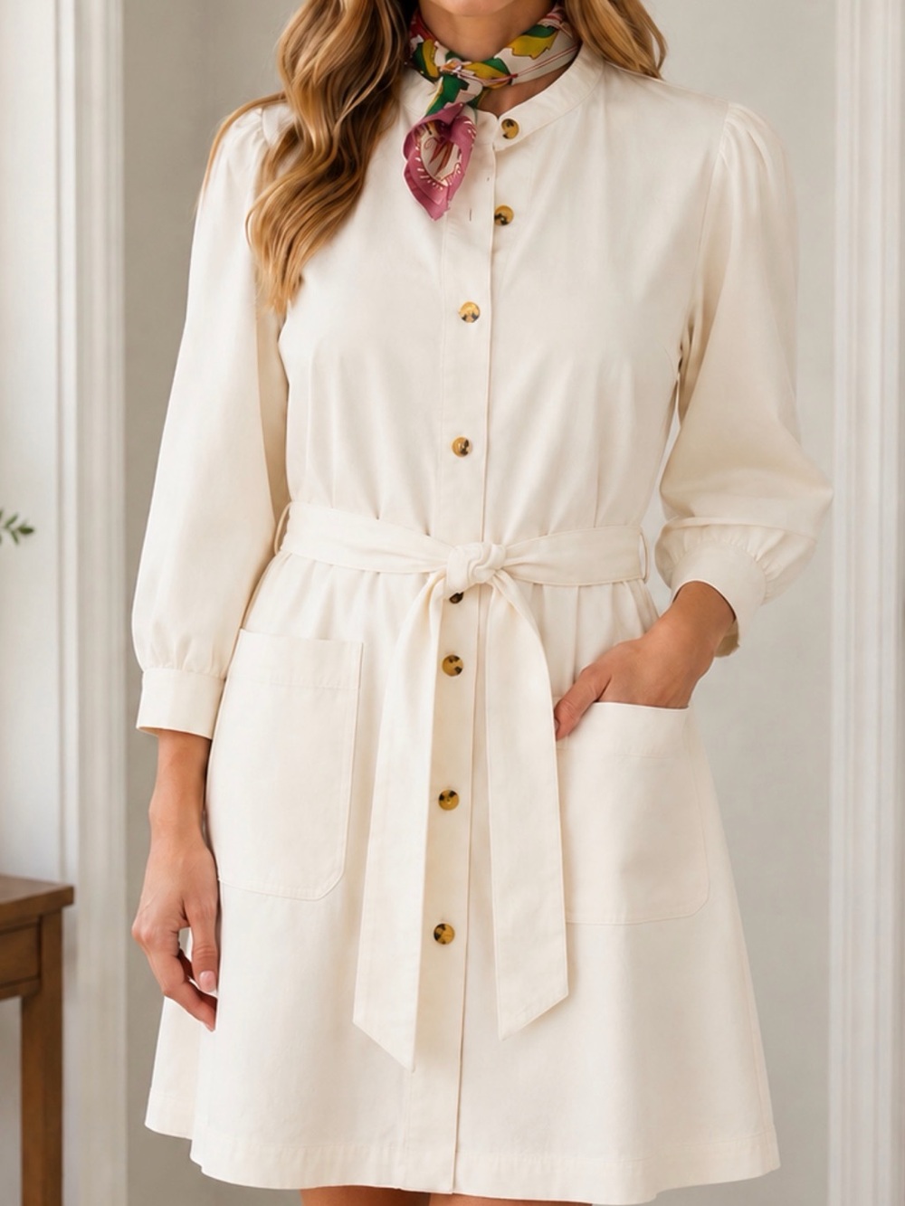 Who What Wear Cream Button-Front Belted Long-Sleeve Shirt Dress